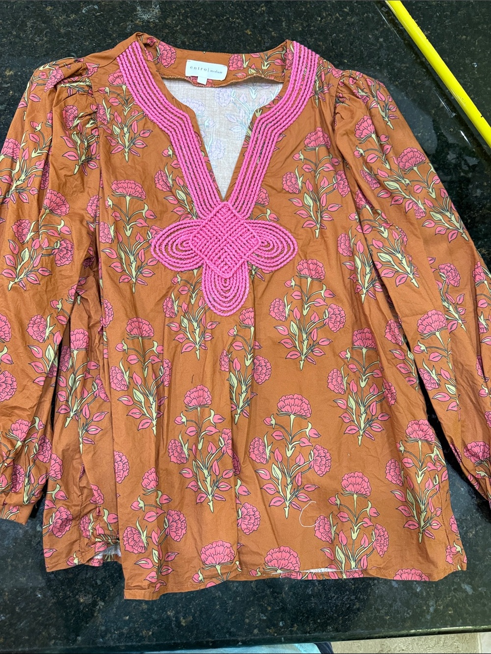 entro Pink-Embroidered Rust Floral Tunic Top